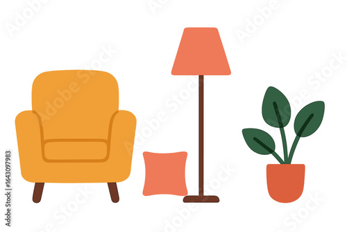 Cozy living room setup featuring a bright chair, stylish lamp, and potted plant with decorative pillow