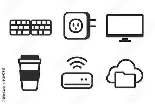 Icons representing modern technology and everyday items for digital connectivity and convenience