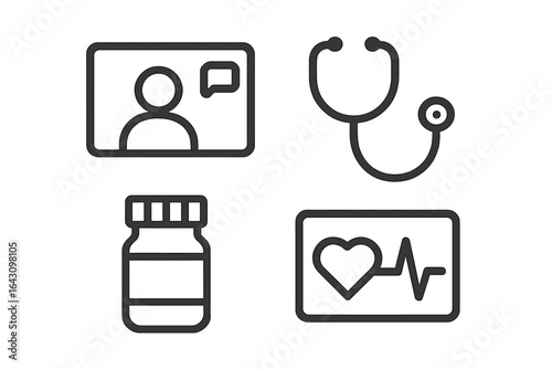 Health consultation symbols depicting virtual care, medical tools, and medicine for modern healthcare services