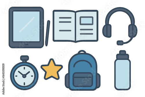 Essential study supplies for students including a tablet, notebook, headphones, and backpack displayed together