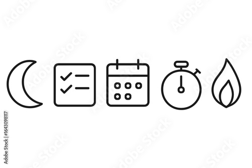 Icons representing various time-related concepts including moon phases, to-do lists, calendars, timers, and flames for schedules and activities