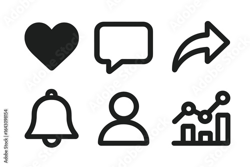 Collection of simple black icons representing interactions, notifications, and user engagement in a digital environment