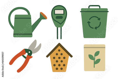 Gardening tools and accessories displayed for home gardening and eco-friendly practices in a creative and organized manner