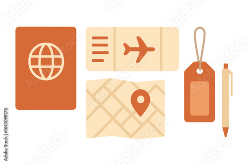 Travel essentials including a passport, map, boarding pass, and pen ready for an adventure abroad