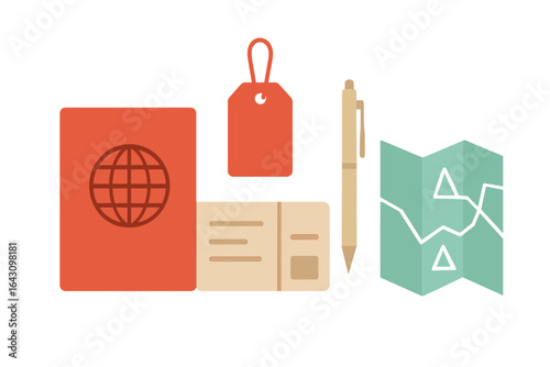 Travel essentials for planning adventures including a passport, map, tag, pen, and postcard