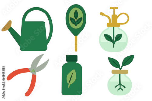 Gardening tools and plant elements for indoor and outdoor planting activities in a minimalist design