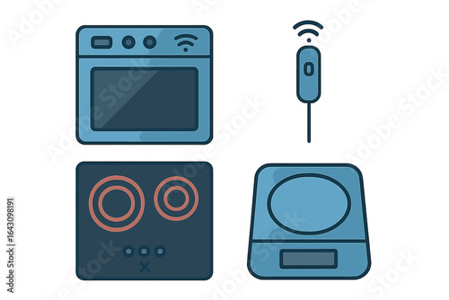 Modern kitchen appliances including a smart oven, kitchen scale, and stovetop with controls in a minimalistic design