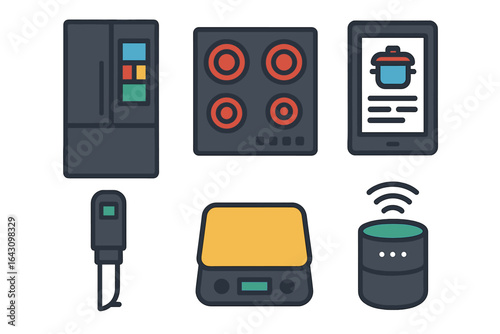 Modern kitchen appliances and gadgets displayed on a white background showcasing daily cooking essentials and technology integration in home kitchens
