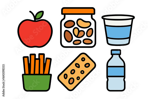 Healthy snacks including fruits, nuts, and drinks presented in a colorful arrangement on a white background