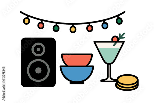 Celebrating with drinks, snacks, and music at a vibrant gathering during the evening