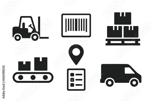 Logistics icons depicting warehouse operations, including forklift, barcode, boxes, and delivery van