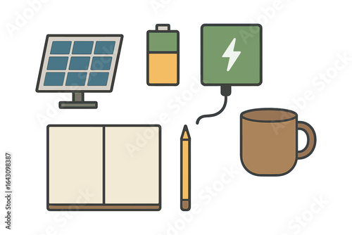 Items representing renewable energy and productivity including solar panel, battery, notebook, pen, and coffee mug on a neutral background