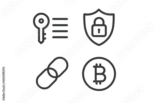 Visual representation of cybersecurity concepts featuring key, shield, link, and bitcoin symbols set against a clean background