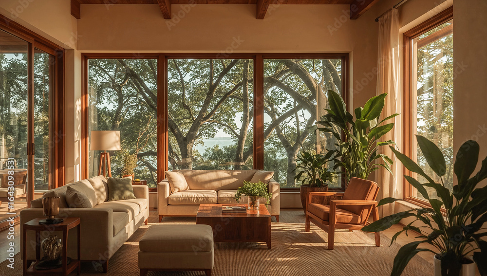 Fototapeta premium Serene Living Room with Nature View: A light-filled living room with expansive windows offers a breathtaking view of lush trees. Warm sunlight streams through the windows.