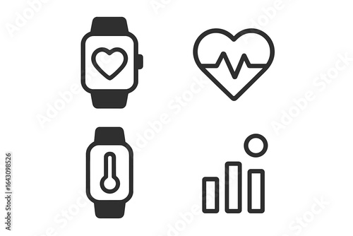 Heart rate monitor and fitness tracker symbols representing health technology and monitoring trends in wellness