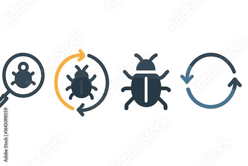 Visual representation of a debugging process for software with icons illustrating bug detection and resolution steps