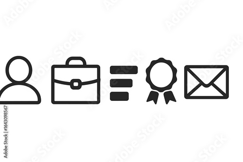Professional symbols illustrating job application components such as user profile, briefcase, achievements, and communication tools