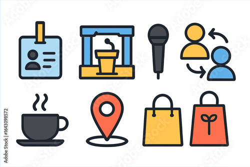 Visual elements representing a professional networking event with coffee, location, and interaction