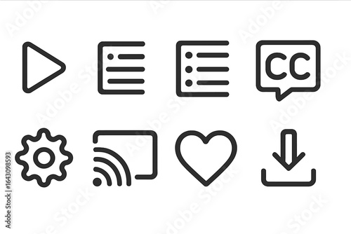 Digital media control icons visually representing various functionalities in a sleek design for user interface enhancement
