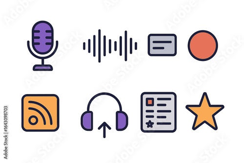 Diverse collection of audio and visual icons representing various multimedia elements used in modern digital content creation