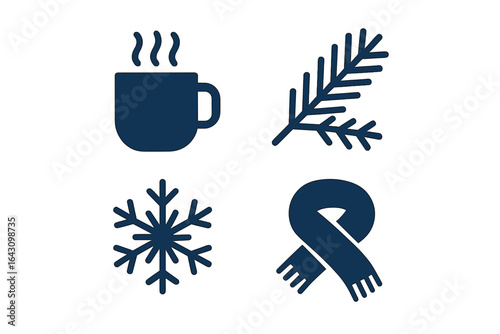 Cozy winter elements featuring a steaming cup, evergreen branch, snowflake, and knitted scarf in a minimalist design