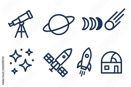 Exploring the cosmos with telescopes, planets, rockets, and celestial phenomena in a creative illustration