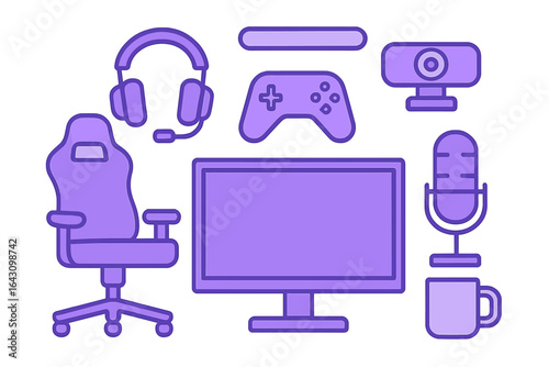 Gaming setup with headset, monitor, gaming chair, and accessories arranged on a white background