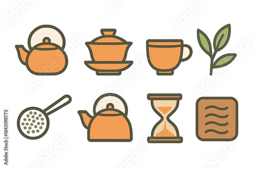 Tea brewing essentials displayed with a kettle, tea pot, and cup alongside a timer and tea strainer