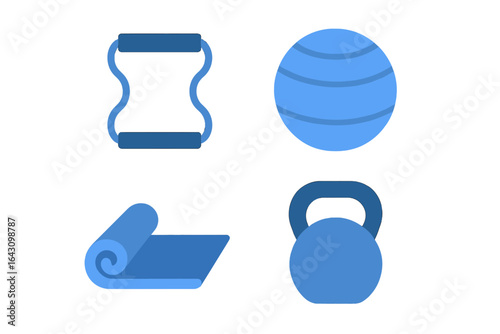 Workout equipment including a stability ball, yoga mat, resistance band, and kettlebell for home fitness routines