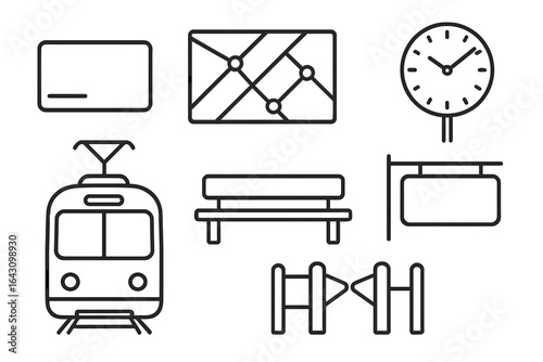 Various transportation and direction symbols including a train, clock, map, bench, and signboard at a transit station