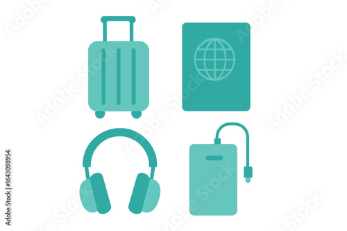 Travel essentials for a convenient journey with luggage, passport, headphones, and power bank