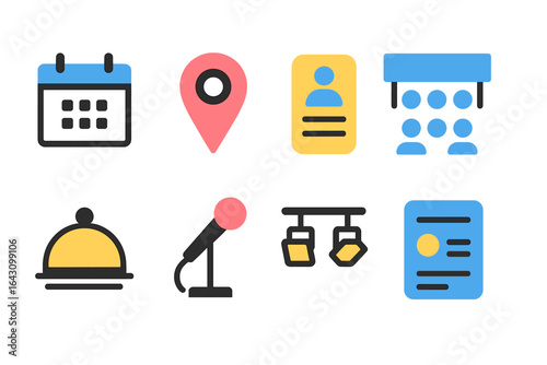 Event planning elements displayed in a digital format showcasing various icons and symbols for successful organization