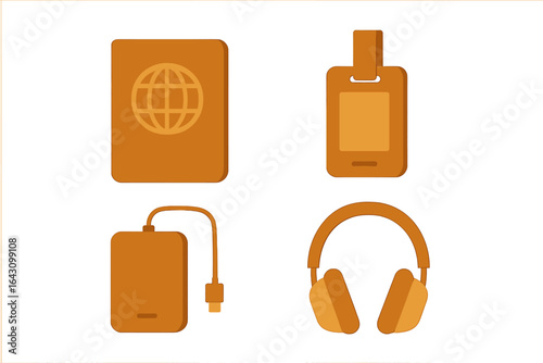 Essential travel items for a smooth journey including a passport, luggage tag, charging bank, and headphones
