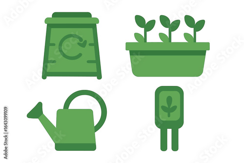 Garden tools and seedlings displayed together in vibrant green colors for planting and nurturing