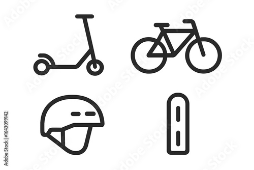 Various modes of personal transportation displayed together in a simple design showing a scooter, bicycle, helmet, and lane marking