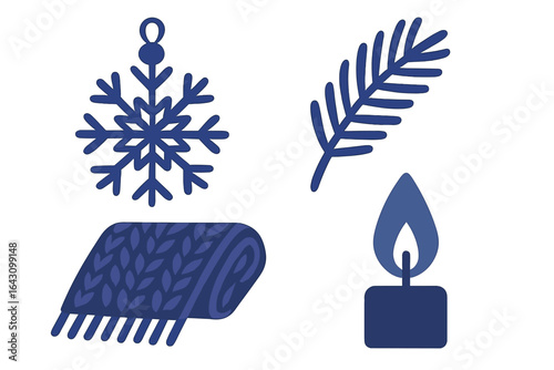 Winter cozy elements featuring snowflake, blanket, evergreen branch, and candle in a warm setting