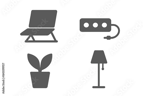 Modern interior design elements showcasing a chair, power strip, plant, and lamp in a minimalistic setting