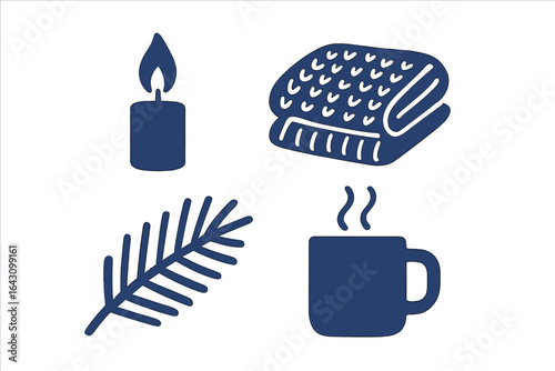 Cozy elements for a relaxing evening at home featuring a candle, a throw blanket, and a steaming cup of coffee