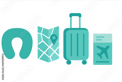 Travel essentials including neck pillow, map, suitcase, and boarding pass for an enjoyable journey