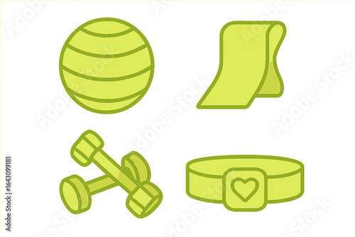 Exercise tools for fitness activities including dumbbells, stability ball, and resistance band on white background