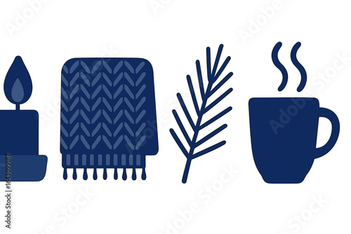 Cozy autumn elements featuring a candle, knitted blanket, botanical branch, and steaming mug of tea