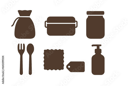 Collection of kitchen and dining utensils featuring containers, cutlery, and a soap dispenser for home use