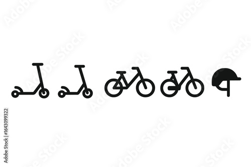 Different types of scooters and bicycles lined up with a helmet representation in a minimalist style