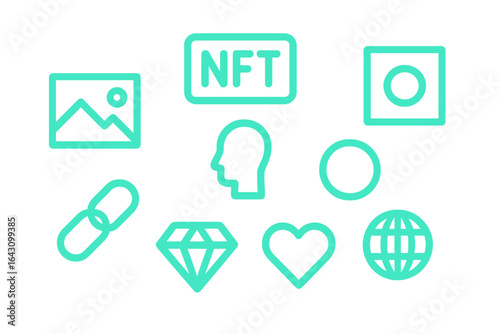 Icons representing digital art concepts and blockchain technology in vibrant turquoise color