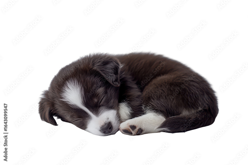 Obraz premium Cute border collie puppy sleeping curled up isolated on transparent background. Border collie puppy isolated on white background.