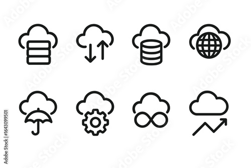 Cloud storage icons illustrate various data management functions and features for technology users in a digital world