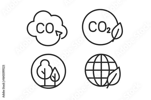 Symbols representing carbon emissions, nature, and sustainability in a clean design illustrating eco-friendly concepts