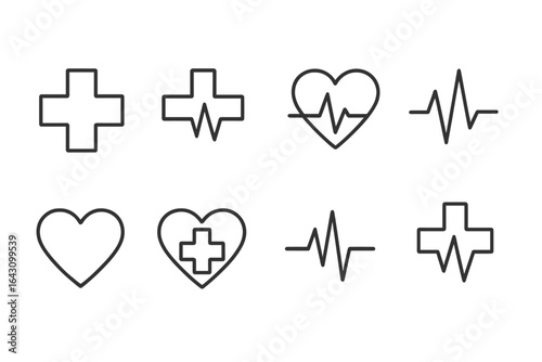 Various medical symbols representing health, vitality, and care displayed in a clear design on a simple background