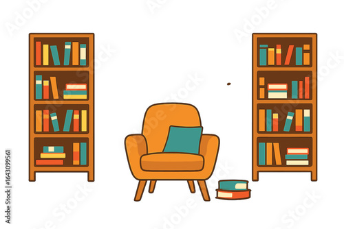 Cozy reading nook with colorful bookshelves and a comfy chair in a bright, inviting space