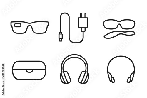 Wireless headphones, smart glasses, and charging accessories arranged on a white background